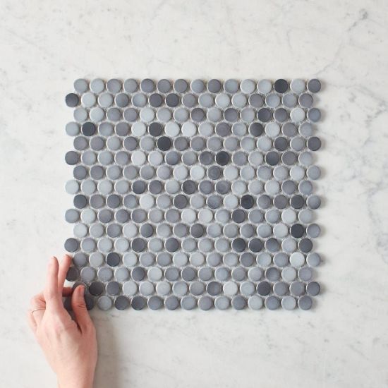 Broadwater Grey Mix Gloss Penny Round Mosaic Tile