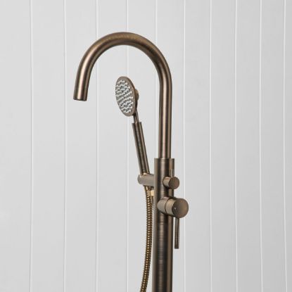 Freestanding Bath Spout + Round Hand Shower Antique Brass