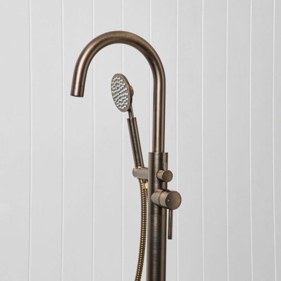 Freestanding Bath Spout + Round Hand Shower Antique Brass