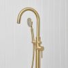 Freestanding Bath Spout + Round Hand Shower Brushed Brass