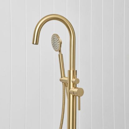 Freestanding Bath Spout + Round Hand Shower Brushed Brass