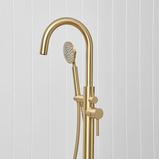 Freestanding Bath Spout + Round Hand Shower Brushed Brass