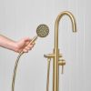 Freestanding Bath Spout + Round Hand Shower Brushed Brass