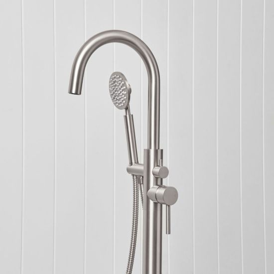 Freestanding Bath Spout + Round Hand Shower Stainless Steel