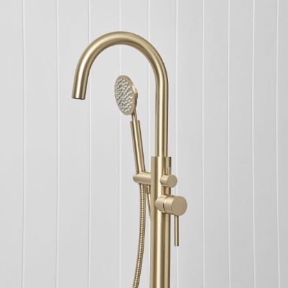 Freestanding Bath Spout + Round Hand Shower Warm Brushed Nickel