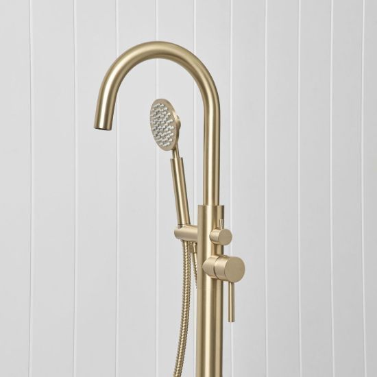 Freestanding Bath Spout + Round Hand Shower Warm Brushed Nickel