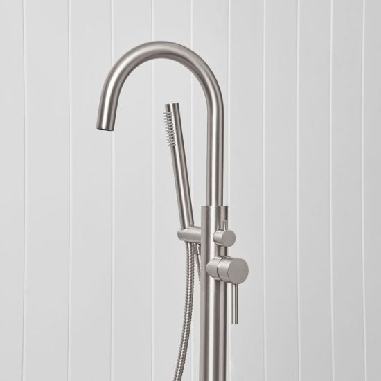 Freestanding Bath Spout + Straight Hand Shower Stainless Steel