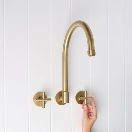 Melbourne Swivel Spout + Cross Taps Brushed Brass