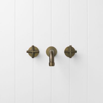 Melbourne Wall Spout + Cross Taps Antique Brass