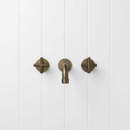 Melbourne Wall Spout + Cross Taps Antique Brass