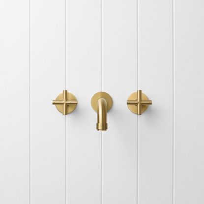 Melbourne Wall Spout + Cross Taps Brushed Brass