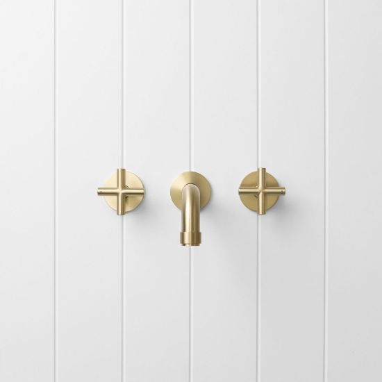 Melbourne Wall Spout + Cross Taps Warm Brushed Nickel