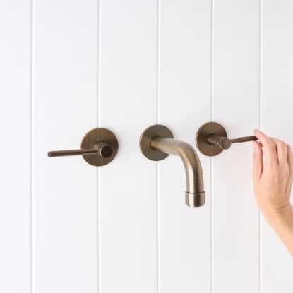 Melbourne Wall Spout + Double Handle Taps Antique Brass