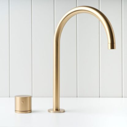 Sydney Basin Spout + Benchtop Progressive Mixer Brushed Brass