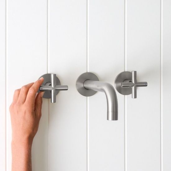 Sydney Wall Spout + Cross Taps Stainless Steel