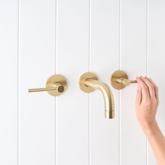 Sydney Wall Spout + Double Handle Taps Brushed Brass