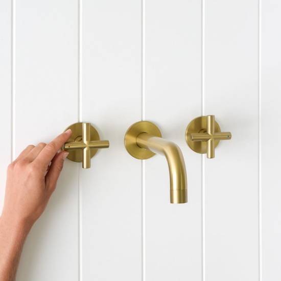 Sydney Wall Spout + Cross Taps Brushed Brass