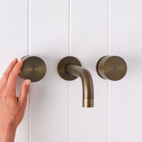 Sydney Wall Spout + Round Wall Taps Antique Brass