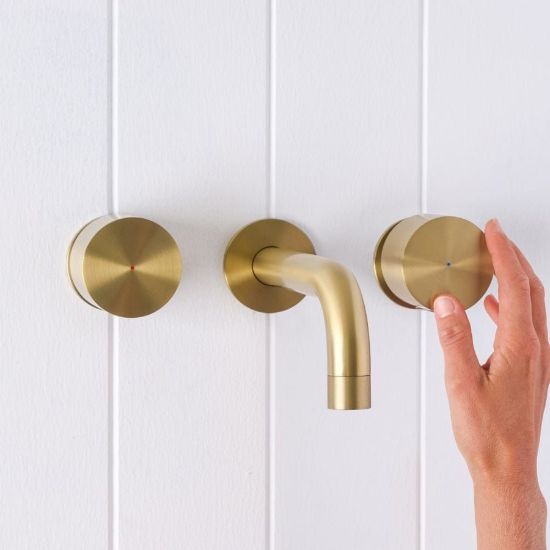 Sydney Wall Spout + Round Wall Taps Brushed Brass