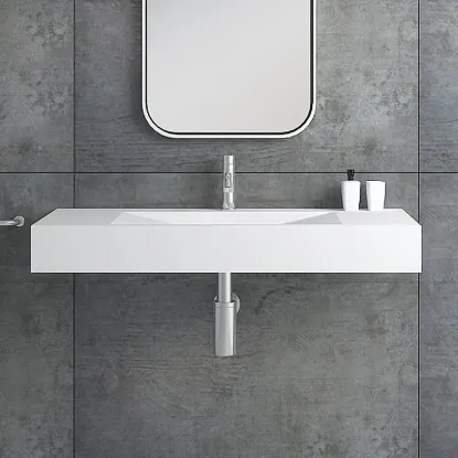 Matte White Wall-Mount Floating Basin Solid Surface Stone Resin Bathroom V-Shaped Basin