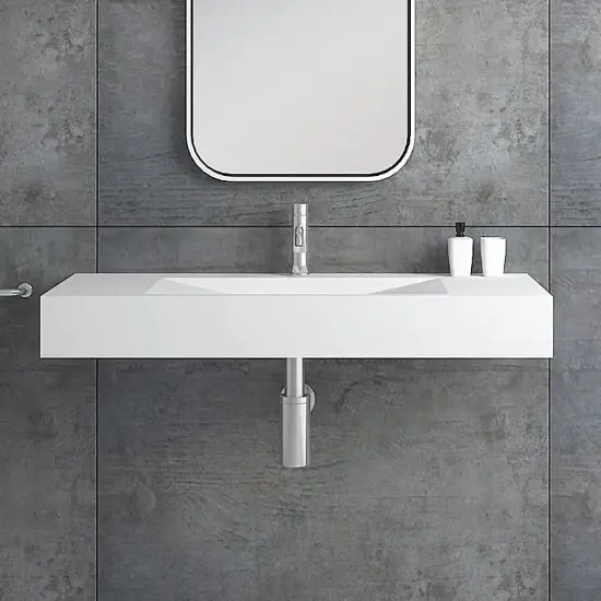 Matte White Wall-Mount Floating Basin Solid Surface Stone Resin Bathroom V-Shaped Basin
