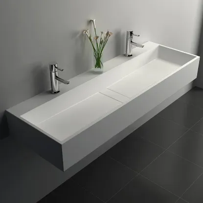 1200mm Wall-Mount Double Basin Stone Resin Matte White Floating Trough Bathroom Basin
