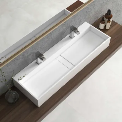 1200mm Wall-Mount Double Basin Stone Resin Glossy White Floating Trough Bathroom Basin