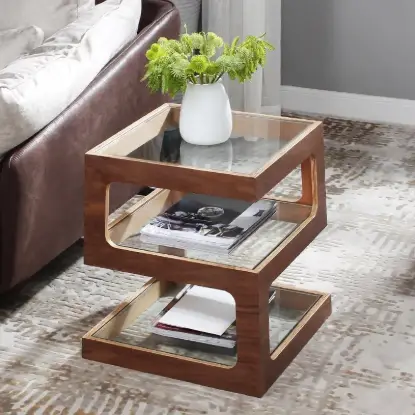 Picture of Modern Glass Side Table with 3 Tiers S-shaped End Table in Walnut