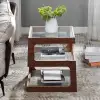 Picture of Modern Glass Side Table with 3 Tiers S-shaped End Table in Walnut