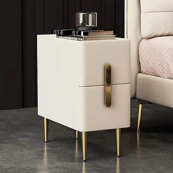 Inarrow Modern Beige Bedside Table with 2 Drawers in Gold Legs