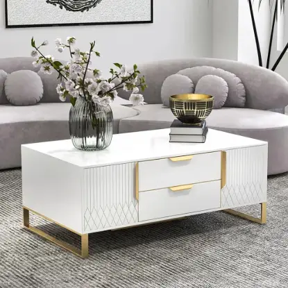 Picture of Aro Modern White Rectangular Coffee Table with Storage of Drawers & Doors in Gold