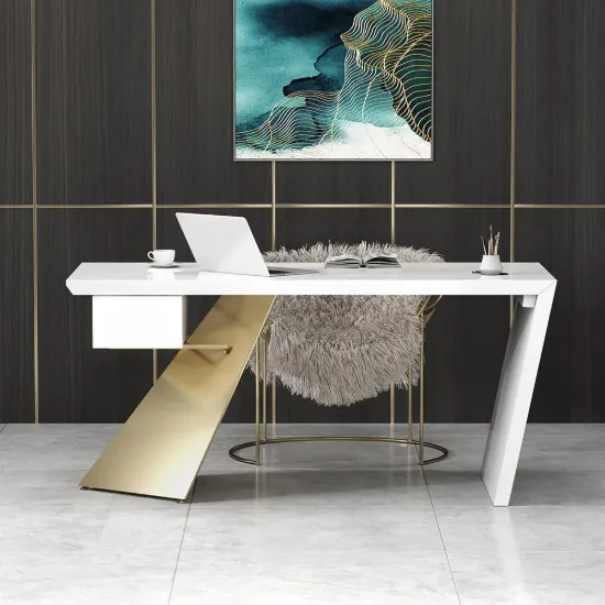 Modern 160 cm Rectangular White Rubberwood Desk with Drawer & Gold Base