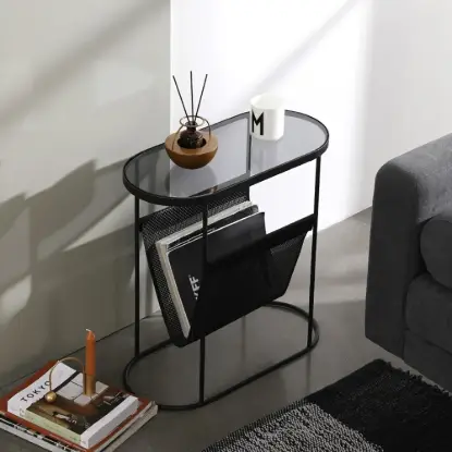 Picture of Modern Side Table Black End Table Metal Accent Oval Table Magazine Holder Sofa Table