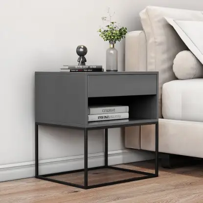Picture of Grey Bedroom Bedside Table with Drawer Bedside Table Metal Base