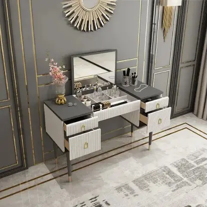 4-Drawer Dressing Table Table with Flip Top Mirror White & Grey