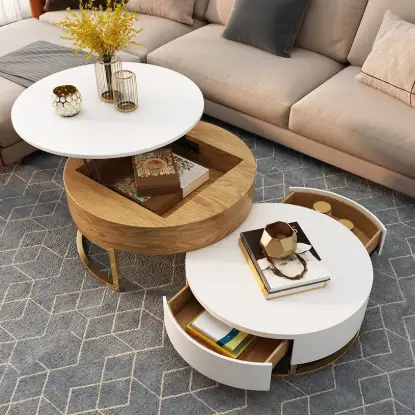 Picture of Nesnesis Modern Round Lift-top Nesting Wood Coffee Tables with 2 Drawers White & Natural