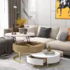 Nesnesis Modern Round Lift-top Nesting Wood Coffee Tables with 2 Drawers White & Natural