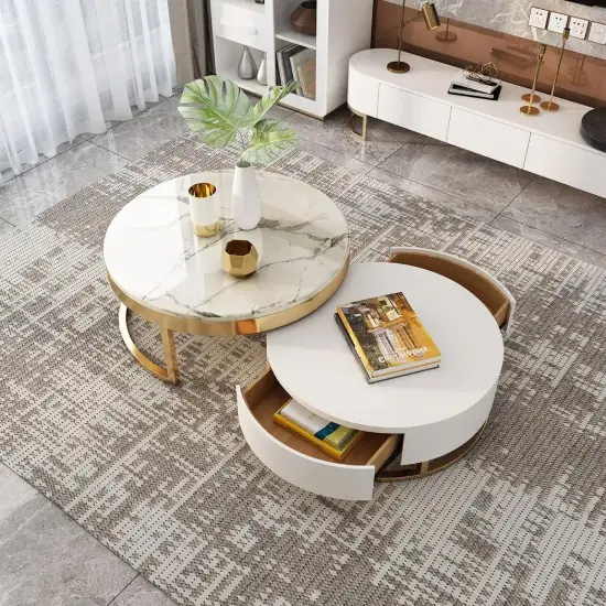 Nesnesis Modern Round Sintered Stone Nesting Wood Coffee Table with Drawers in White