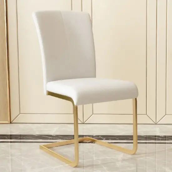 Modern Minimalist Upholstered White PU Leather Dining Chairs (Set of 2) Gold Metal Base