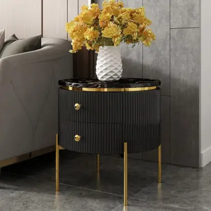 Picture of Modern 533 mm Black & Gold Fluted Sintered Stone End table with 2 Drawers