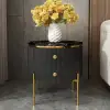 Modern 533 mm Black & Gold Fluted Sintered Stone End table with 2 Drawers