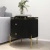 Modern 533 mm Black & Gold Fluted Sintered Stone End table with 2 Drawers