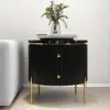 Modern 533 mm Black & Gold Fluted Sintered Stone End table with 2 Drawers
