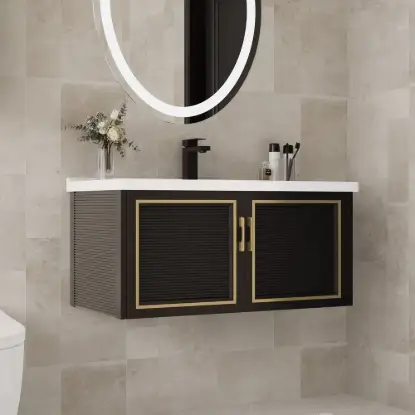710mm Black Floating Bathroom Vanity Set Drop-In Ceramic Basin with Cabinet