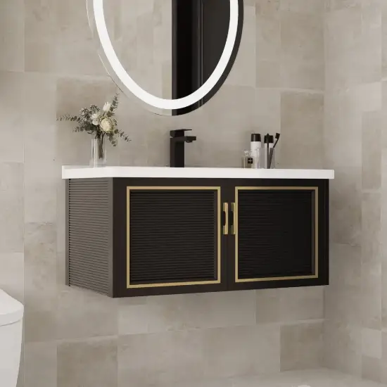 710mm Black Floating Bathroom Vanity Set Drop-In Ceramic Basin with Cabinet