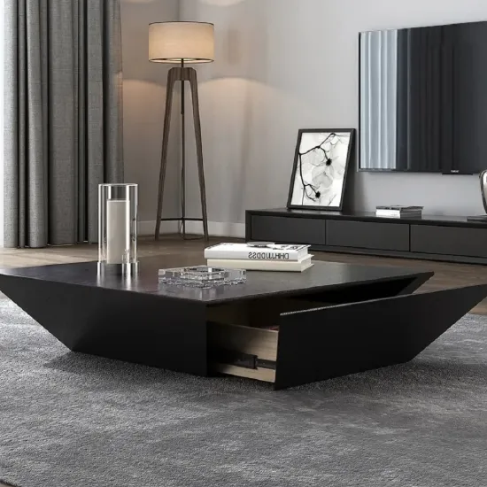 Modern 100 cm Square Black Wood Coffee Table with Drawer