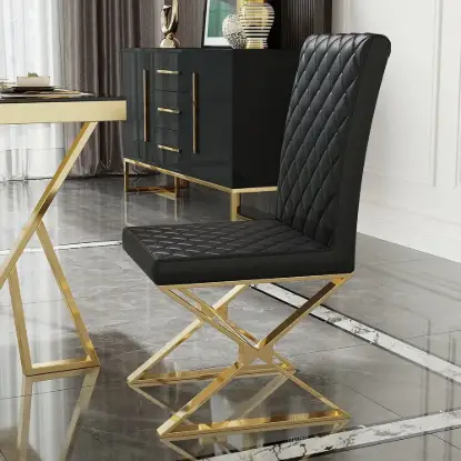Picture of Dochic Modern Black Upholstered Leather Dining Table Chair Gold Legs Set of 2