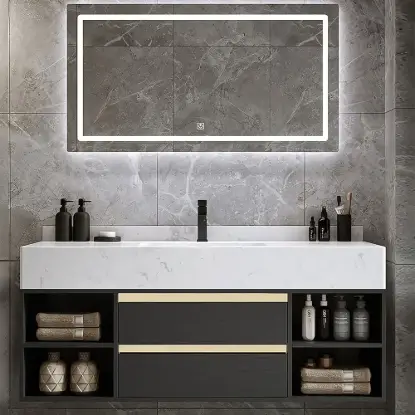 Modern 1001 mm Floating Single Bathroom Vanity with Sink in Black, Sintered Stone Top