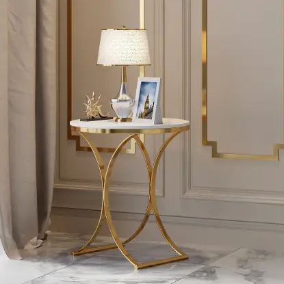 Picture of Modern Luxurious Round White Marble Stone Side Table X-Base End Table in Gold