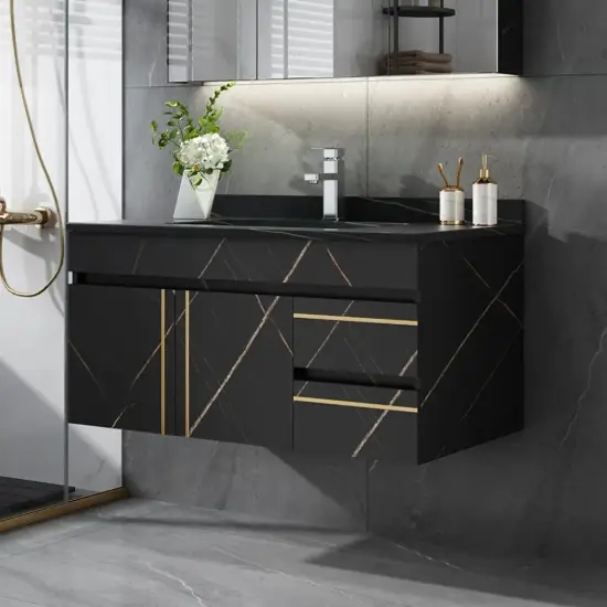 900mm Floating Bathroom Vanity Faux Marble with Single Ceramic Sink Black
